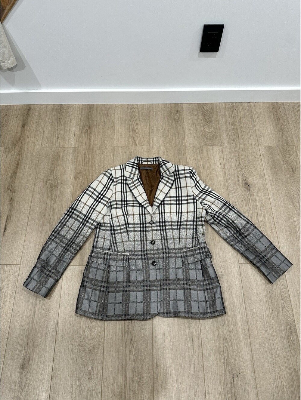 Alberta Ferretti Plaid Wool Ombré Blazer Multicolor Size 12US Three Button